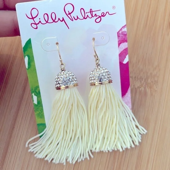 Brand New Lilly Pulitzer Resort White Tassel Earrings Gold Tone Rhinestone Drop - Picture 2 of 12